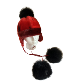 Red Sealskin Hat with Black Pom Poms