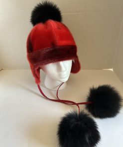Alternative view of Red Sealskin Hat with Black Pom Poms