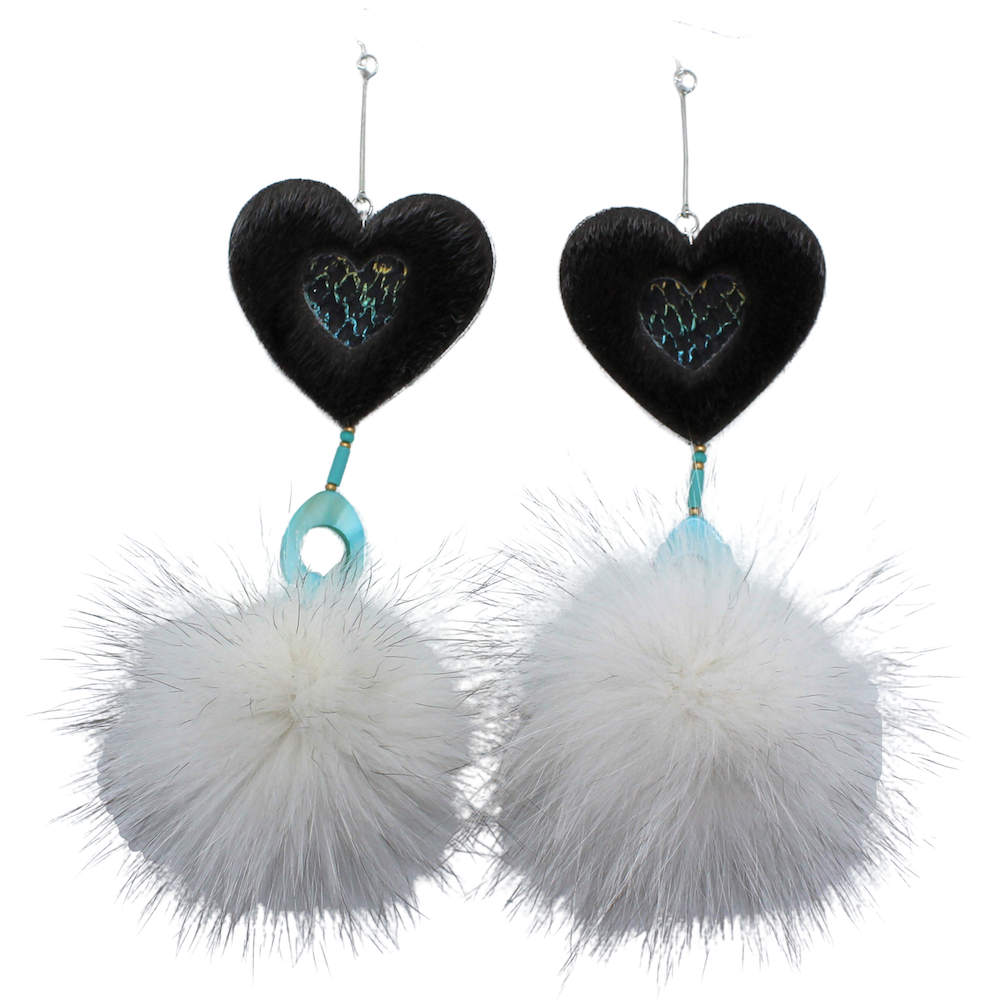 Heart Sealskin/Salmon leather/Blue Fox Turquoise Gold earrings - Image 2