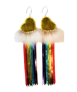 Boucles d’oreilles à franges arc-en-ciel et cœur en peau de phoque (jaune)
