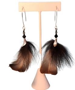 Goose Feather and Fox Fur Puff Earrings - Black