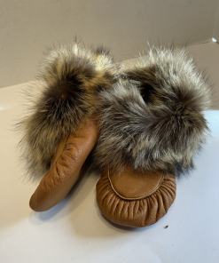 Bison Leather Slippers with Raccoon Fur Trim (Made to Order)