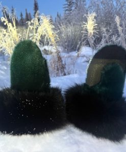 Green Sealskin and Black Fox Fur Trim Mittens